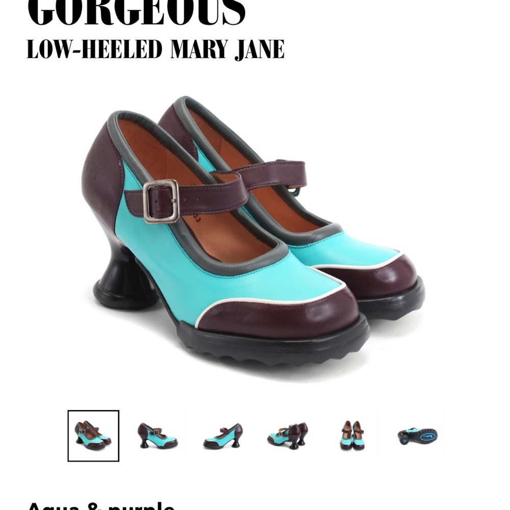 NWOT Discontinued Fluevogs! Aqua and Purple Low-Heeled Mary Jane Shoes